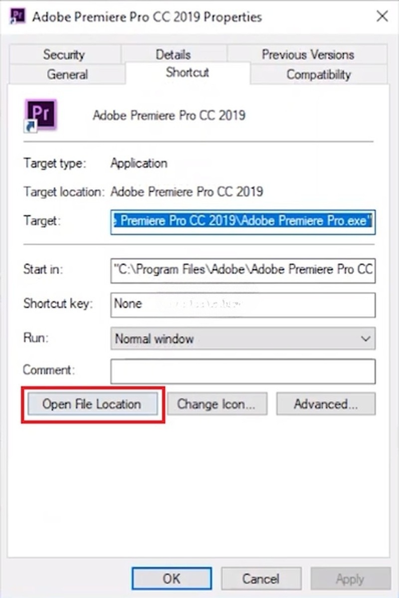 Nhấn “Open File Location” để mở thư mục Adobe Premiere 2019