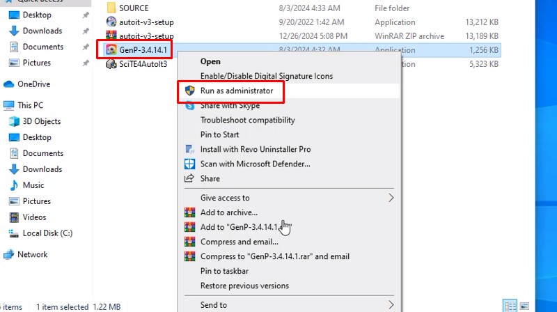Khởi chạy GenP-3.4.14.1 bằng quyền admin