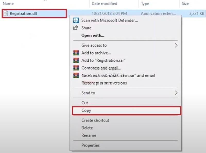 Nhấn chuột phải vào tệp “Registration.dll” Chọn “Copy”