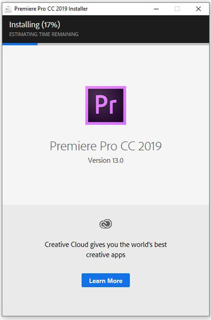 Giao diện trình tự động cài đặt của Premiere 2019 hiện lên